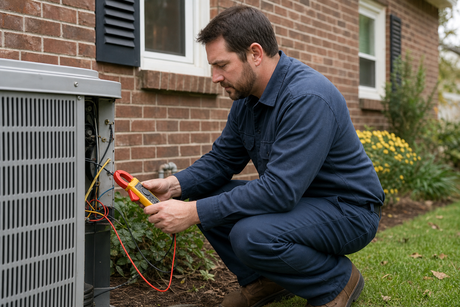 HVAC technician in uniform kneeling beside an outdoor condenser unit holding a clamp meter on a wire (why is my AC suddenly blowing warm air in St. Louis)