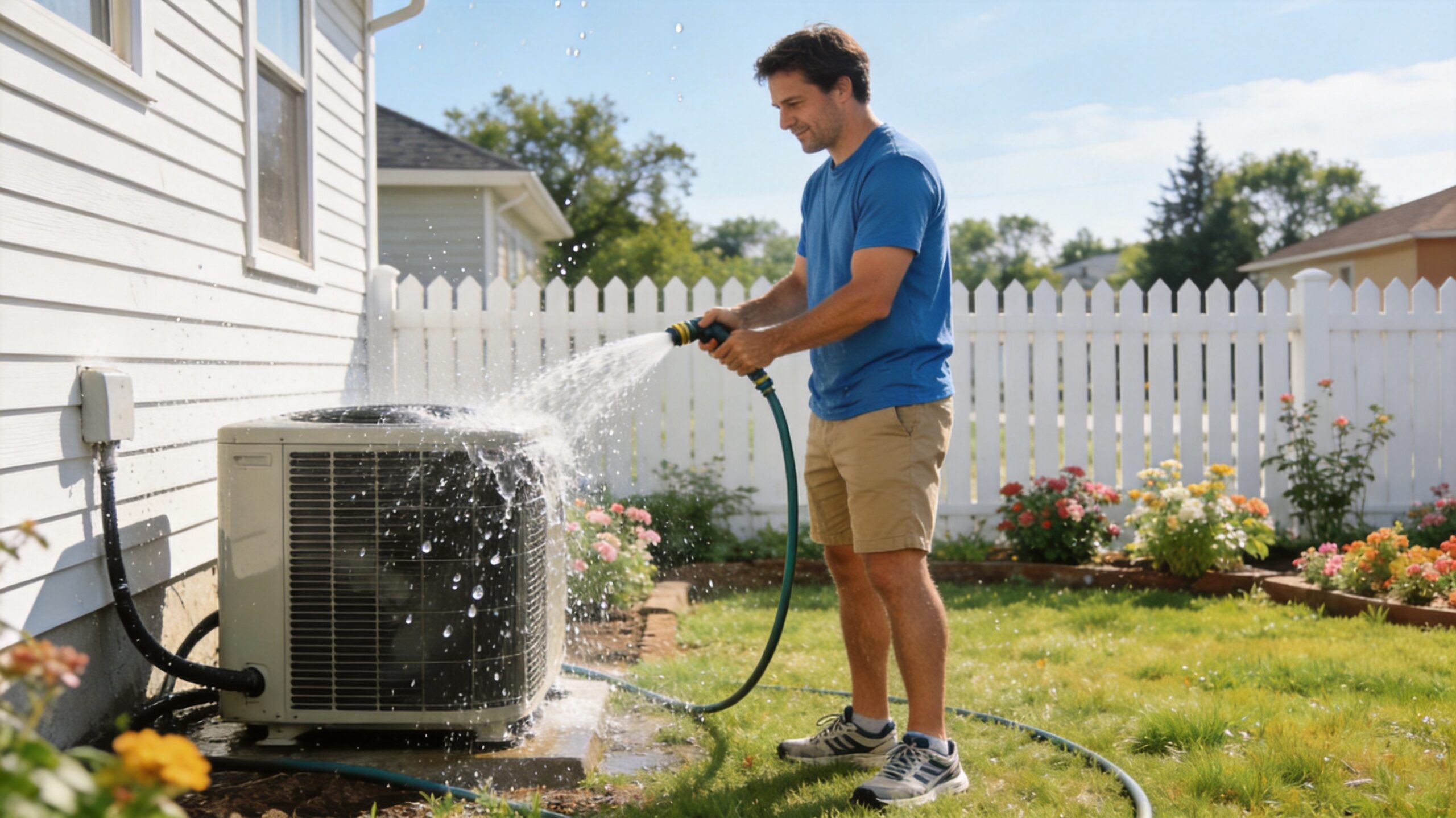 can you service your own AC in St. Louis - Photorealistic 16:9 photo of a homeowner in casual clothes rinsing an outdoor air conditioner conden