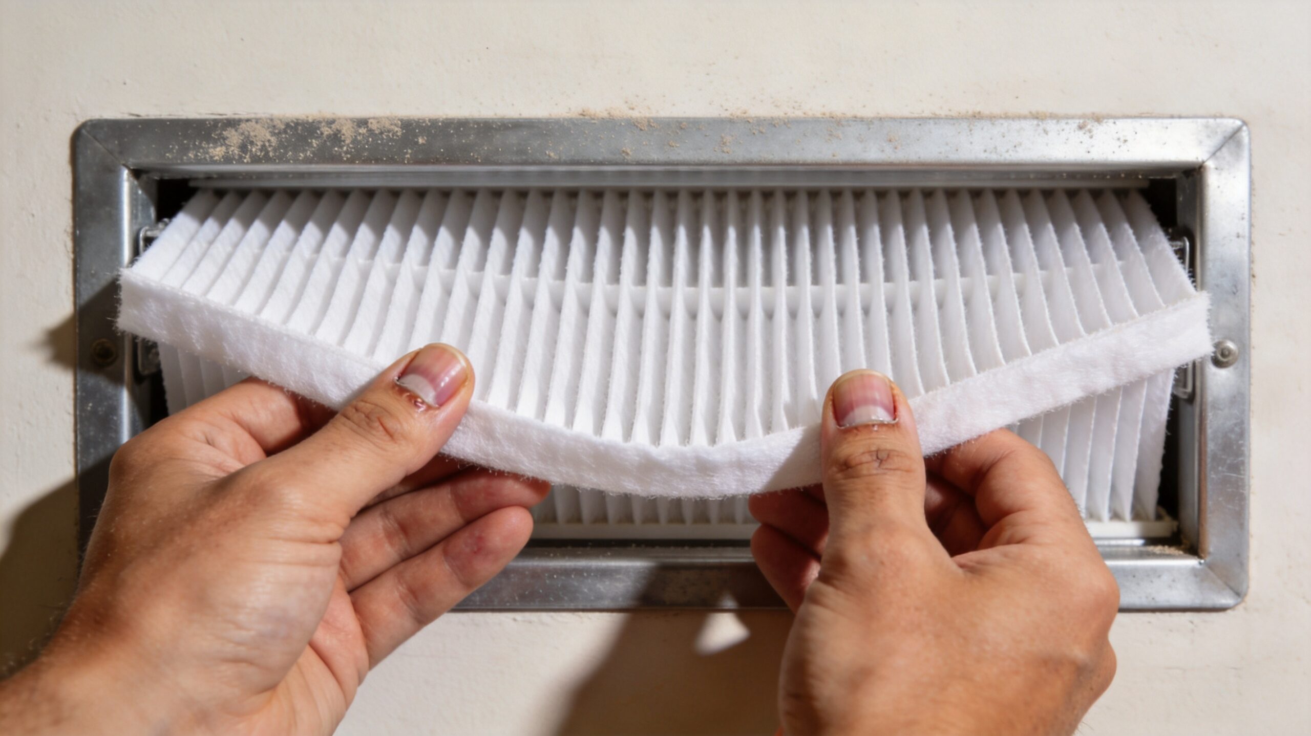 Photorealistic 16:9 close-up of a homeowner's hands inserting a clean pleated air filter into a wall (can you service your own AC in St. Louis)