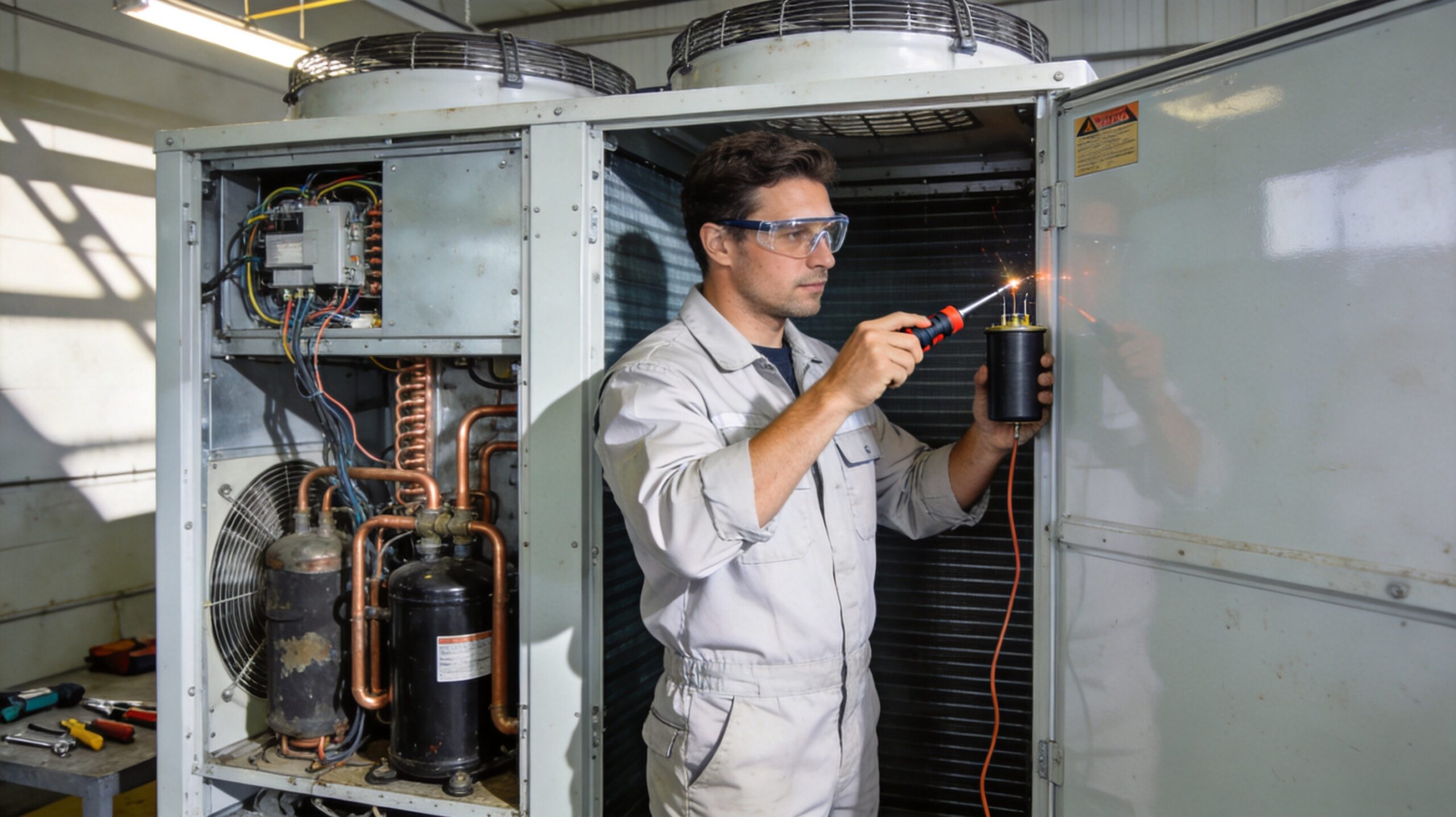 Photorealistic 16:9 photo of a licensed HVAC technician safely discharging a capacitor with an insul (can you service your own AC in St. Louis)