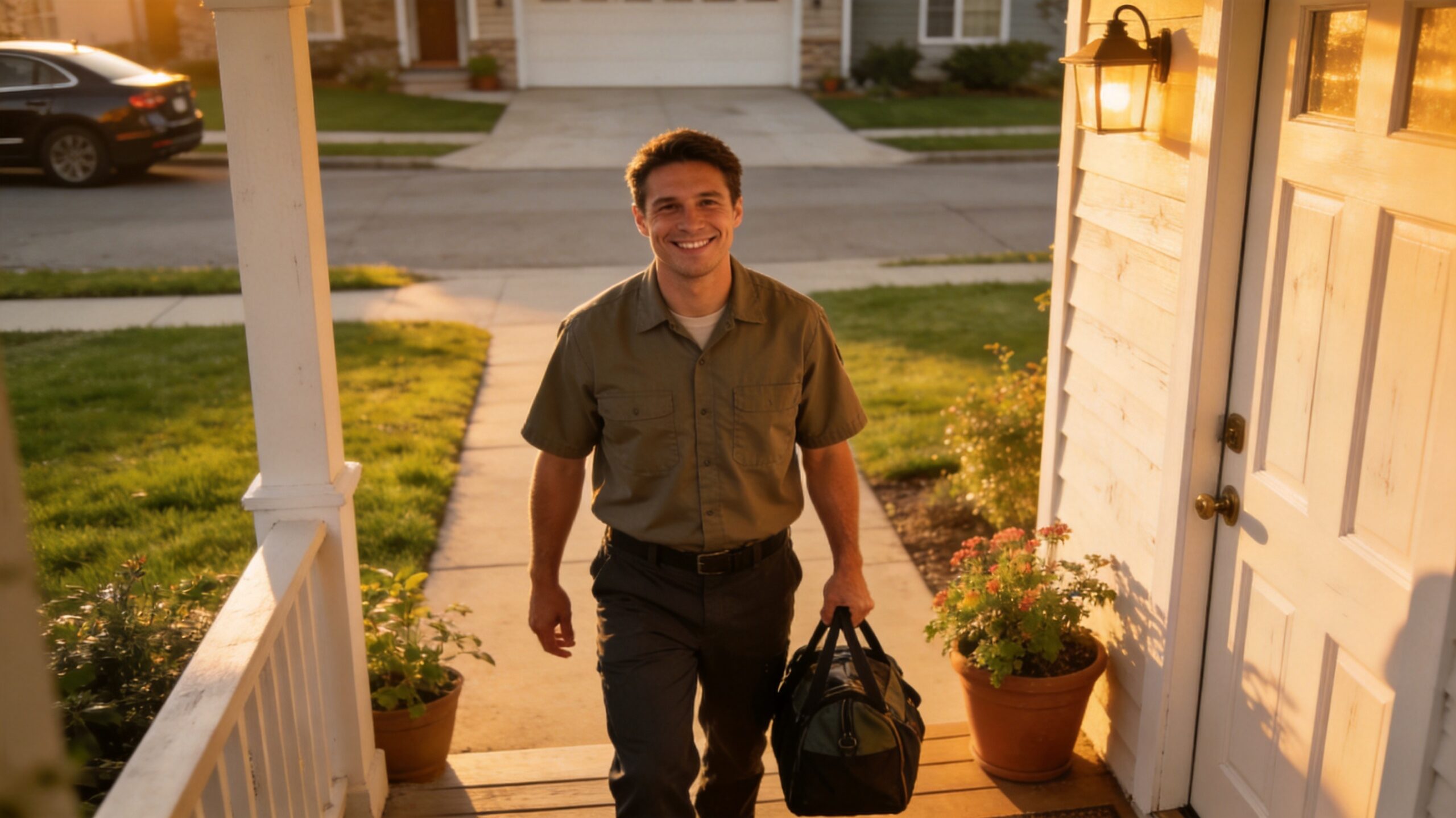 Photorealistic 16:9 photo of an HVAC technician in branded uniform arriving at a suburban home with (can you service your own AC in St. Louis)