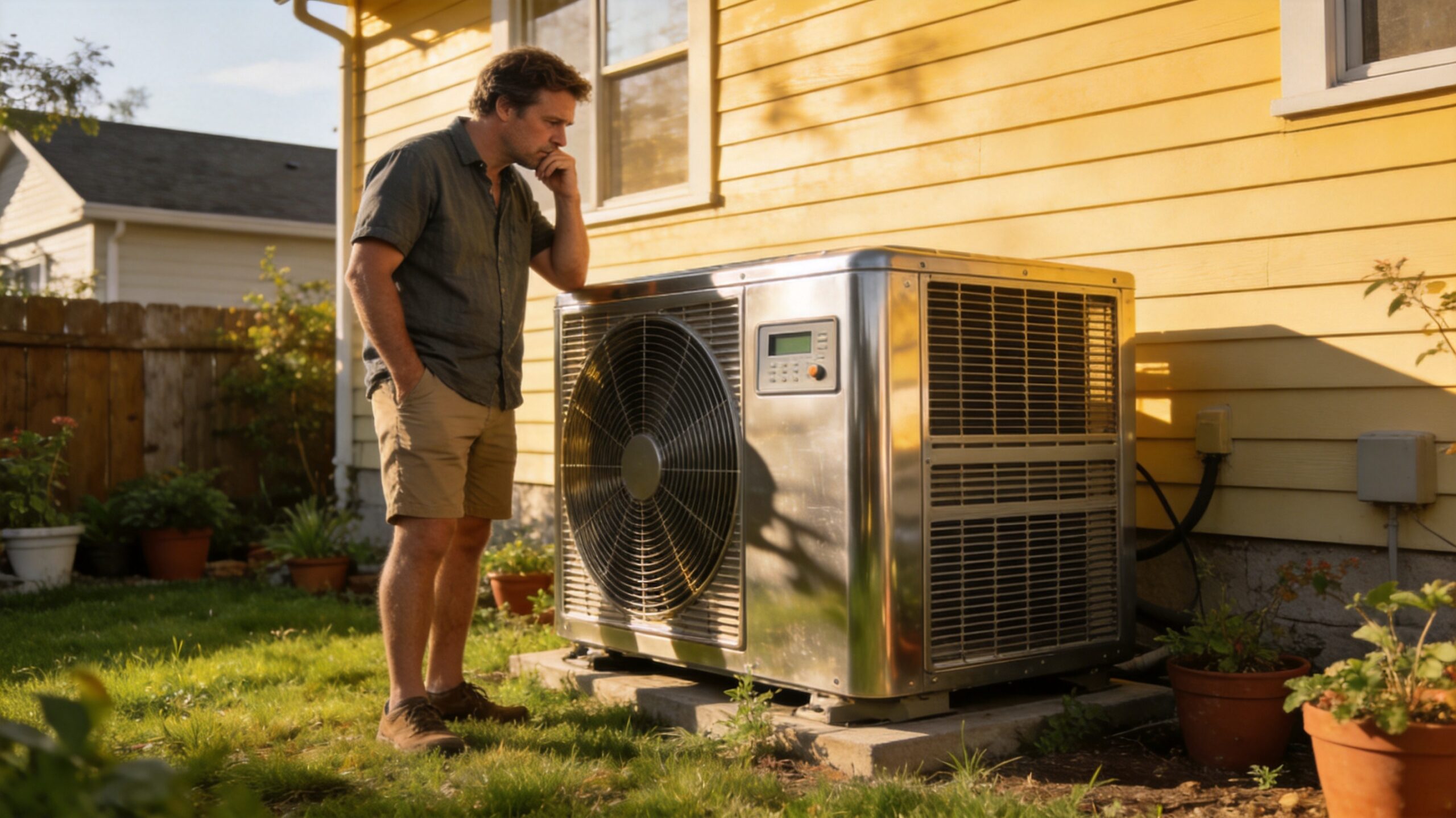 do you really need an AC tune-up in St. Louis - Photorealistic 16:9 photo of a thoughtful homeowner standing beside a residential outdoor air condit