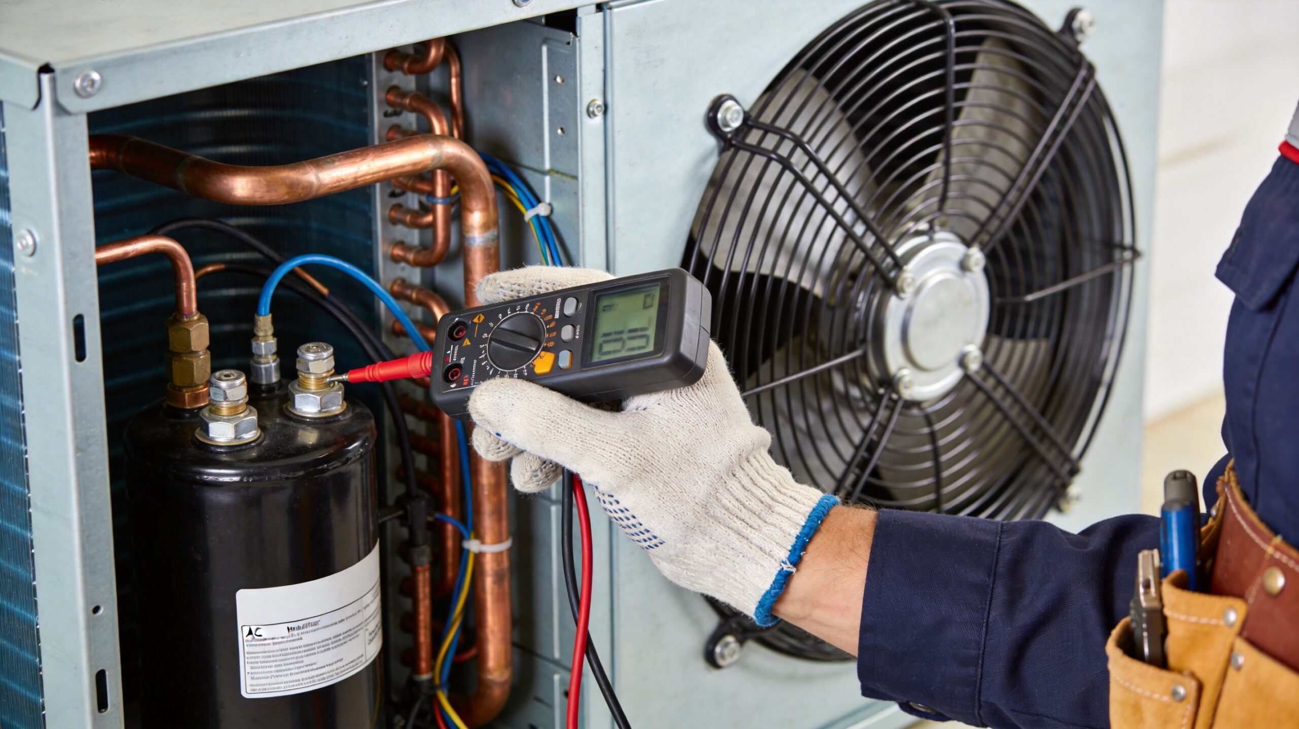 Photorealistic 16:9 close-up of an HVAC technician testing an AC capacitor with a digital multimeter (do you really need an AC tune-up in St. Louis)