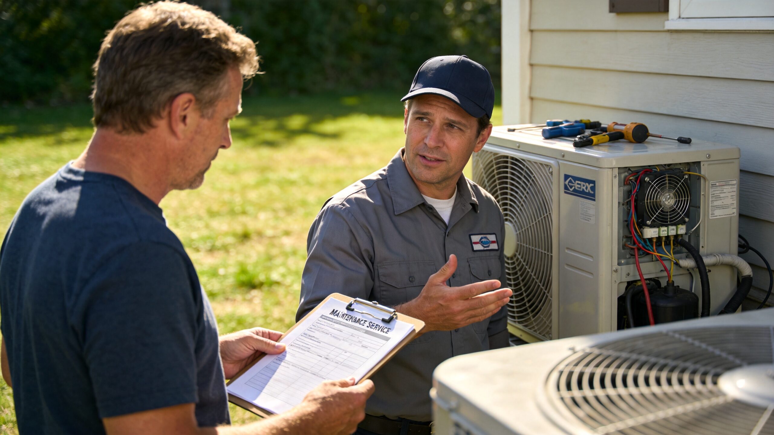 Photorealistic 16:9 photo of a homeowner reviewing a maintenance service document on a clipboard wit (do you really need an AC tune-up in St. Louis)