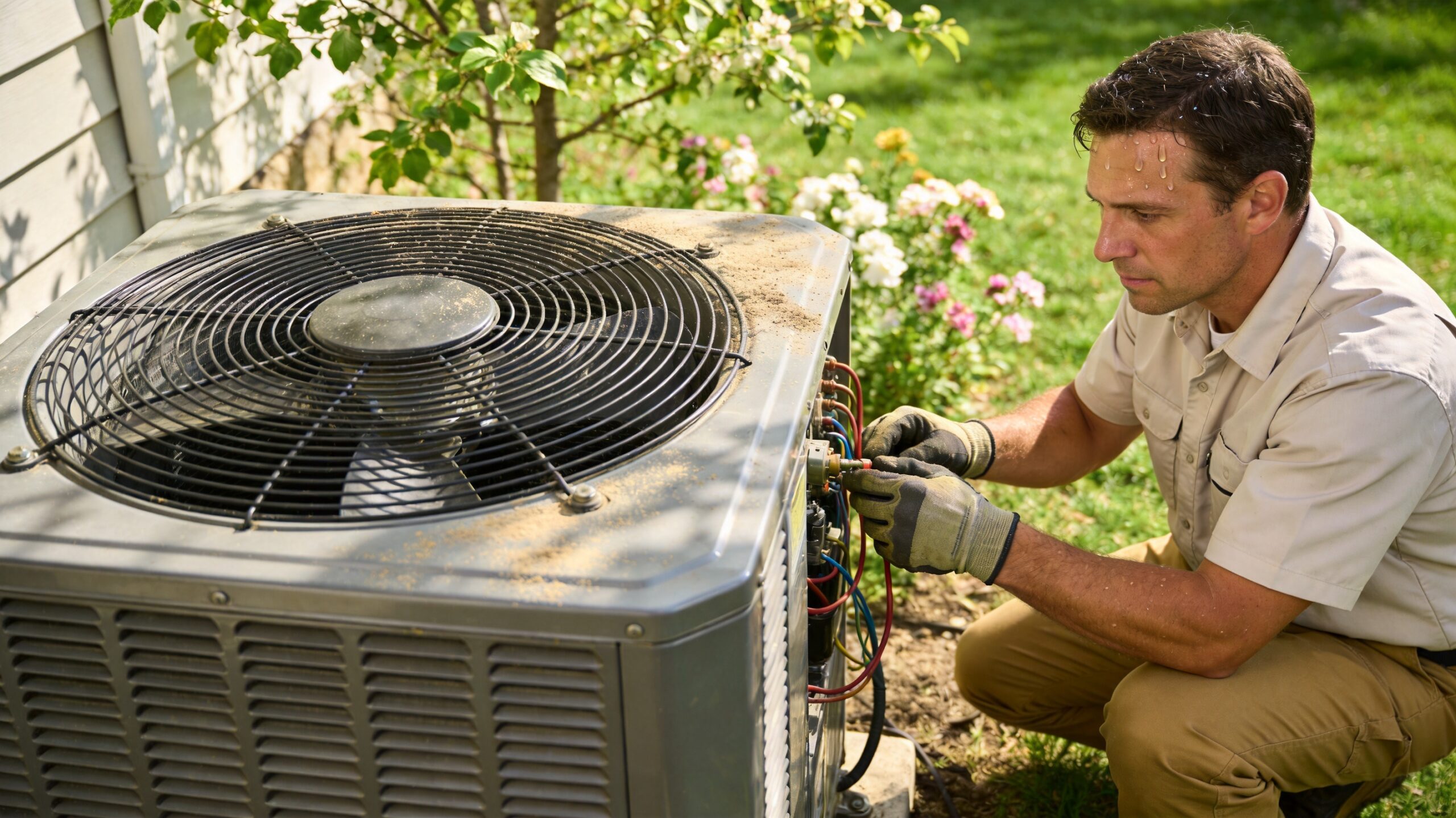 Photorealistic 16:9 photo of an HVAC technician in branded uniform inspecting an outdoor AC unit in (do you really need an AC tune-up in St. Louis)
