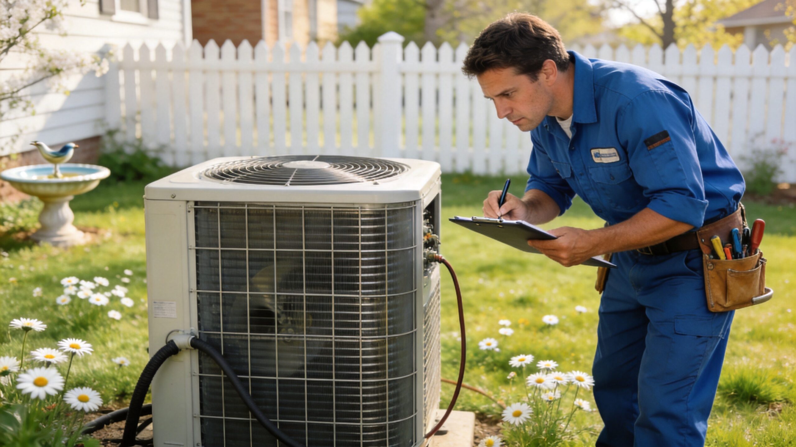how often should an AC system be serviced in St. Louis - Photorealistic 16:9 photo of an HVAC technician with a clipboard inspecting a residential outdoor ai