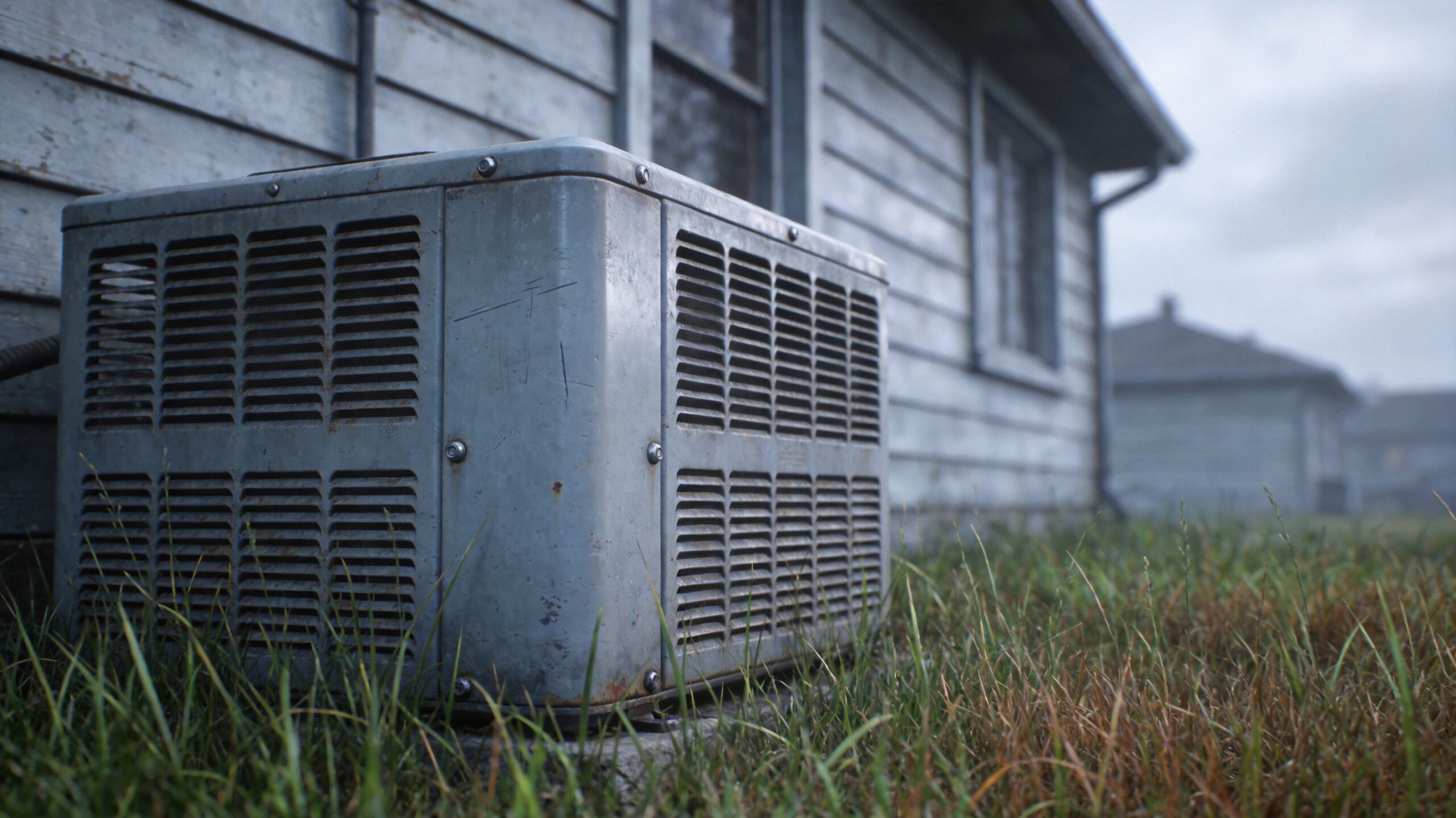 Photorealistic 16:9 photo of an older weathered residential air conditioner condenser unit beside a (how often should an AC system be serviced in St. Louis)