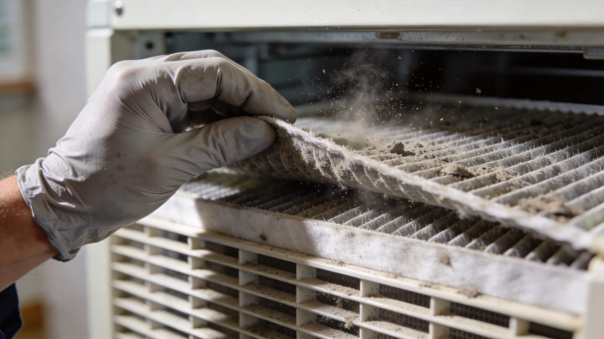 Photorealistic 16:9 close-up of an HVAC technician's gloved hand pulling a dirty clogged air filter (how often should an AC system be serviced in St. Louis)