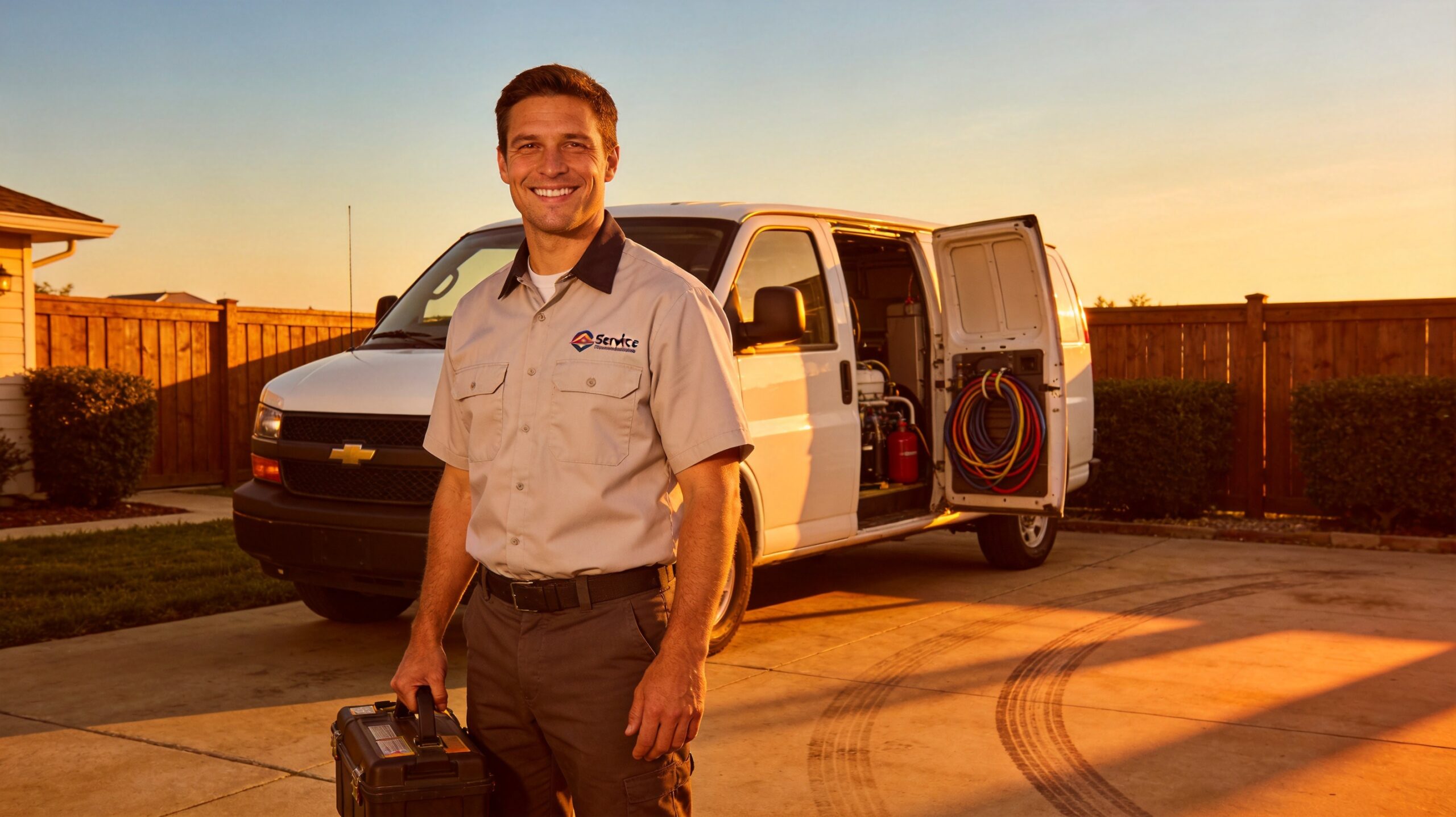 Photorealistic 16:9 photo of an HVAC service technician in branded uniform smiling beside his servic (how often should an AC system be serviced in St. Louis)