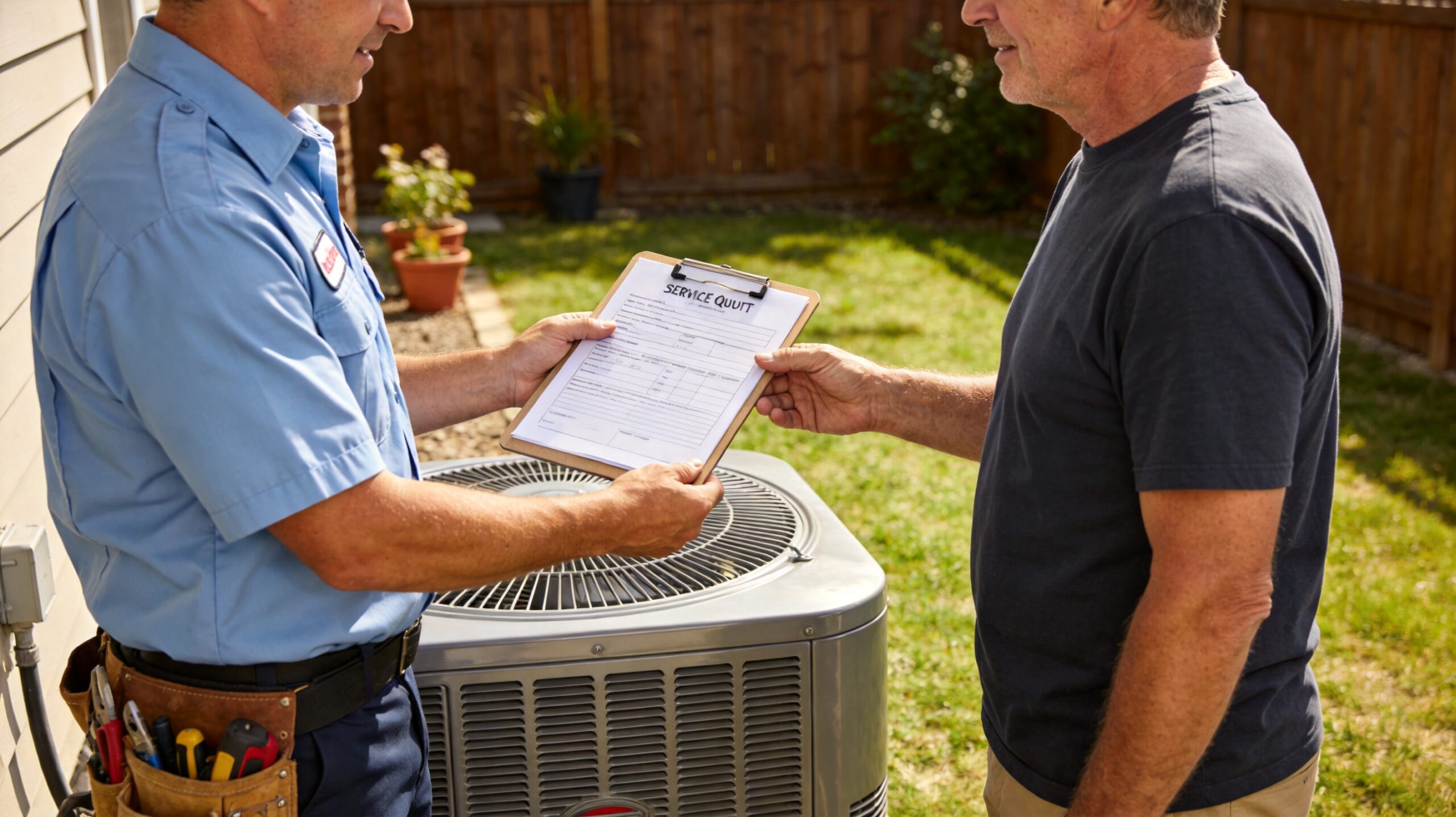 what does annual AC service cost in St. Louis - Photorealistic 16:9 photo of an HVAC technician handing a written service quote on a clipboard to a