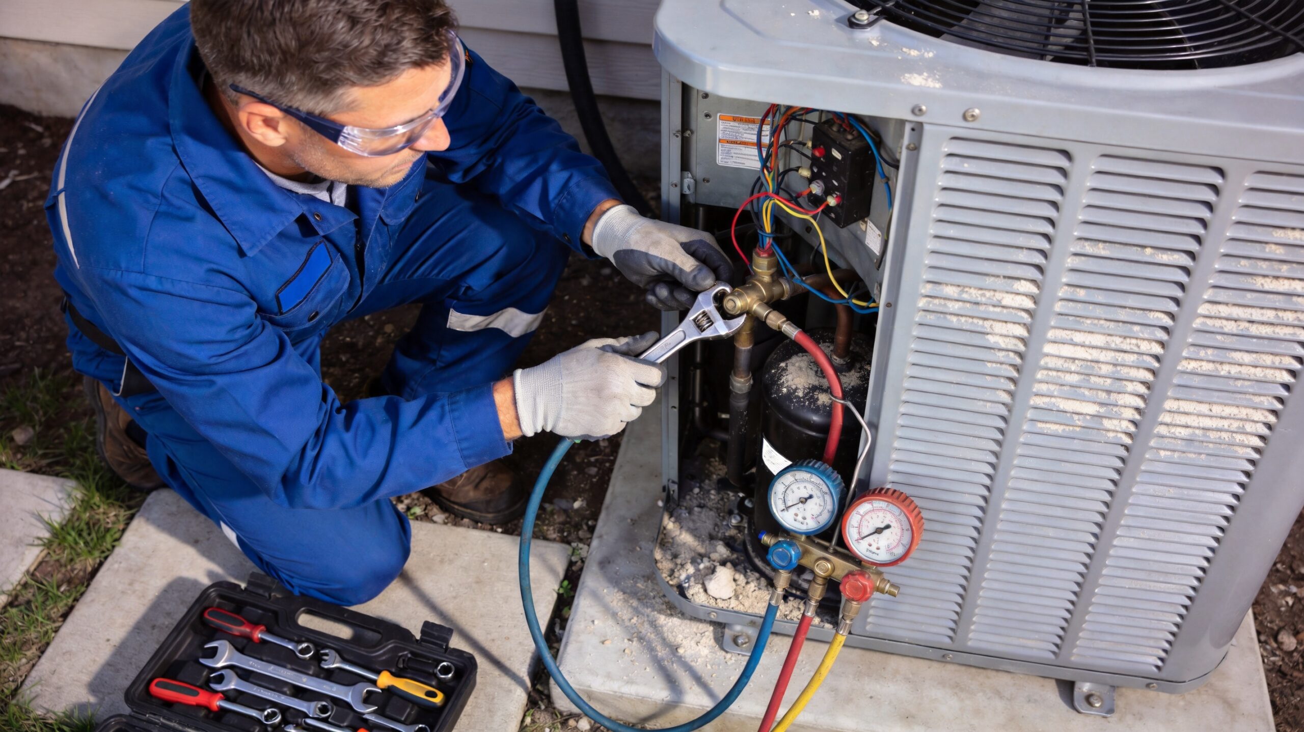 Photorealistic 16:9 photo of an HVAC technician performing a thorough service on an open air conditi (what does annual AC service cost in St. Louis)