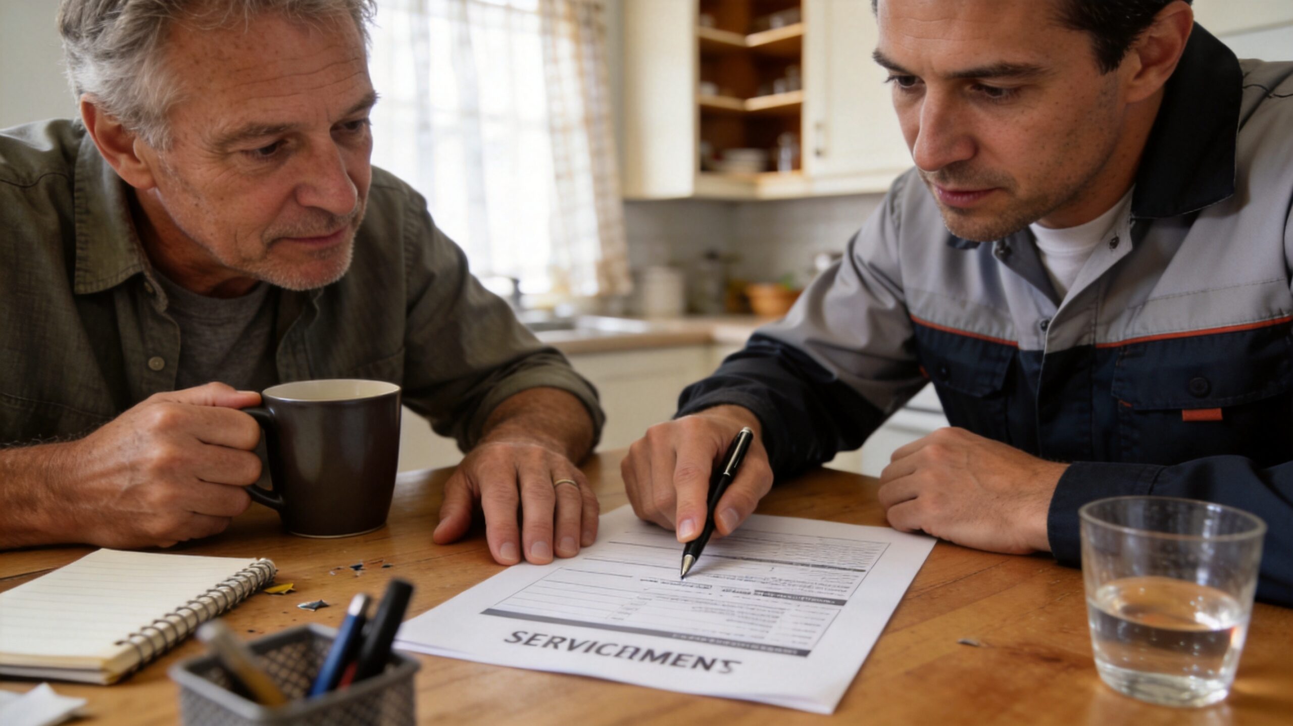 Photorealistic 16:9 close-up of a homeowner and technician reviewing a service agreement document to (what does annual AC service cost in St. Louis)