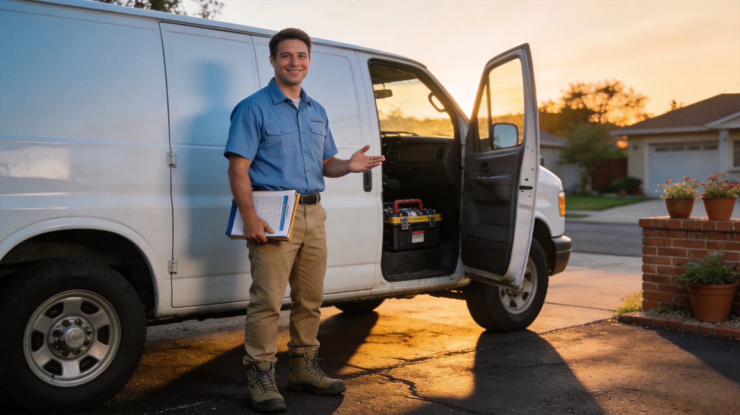 Photorealistic 16:9 photo of a friendly HVAC technician in branded uniform beside his service van in (what does annual AC service cost in St. Louis)