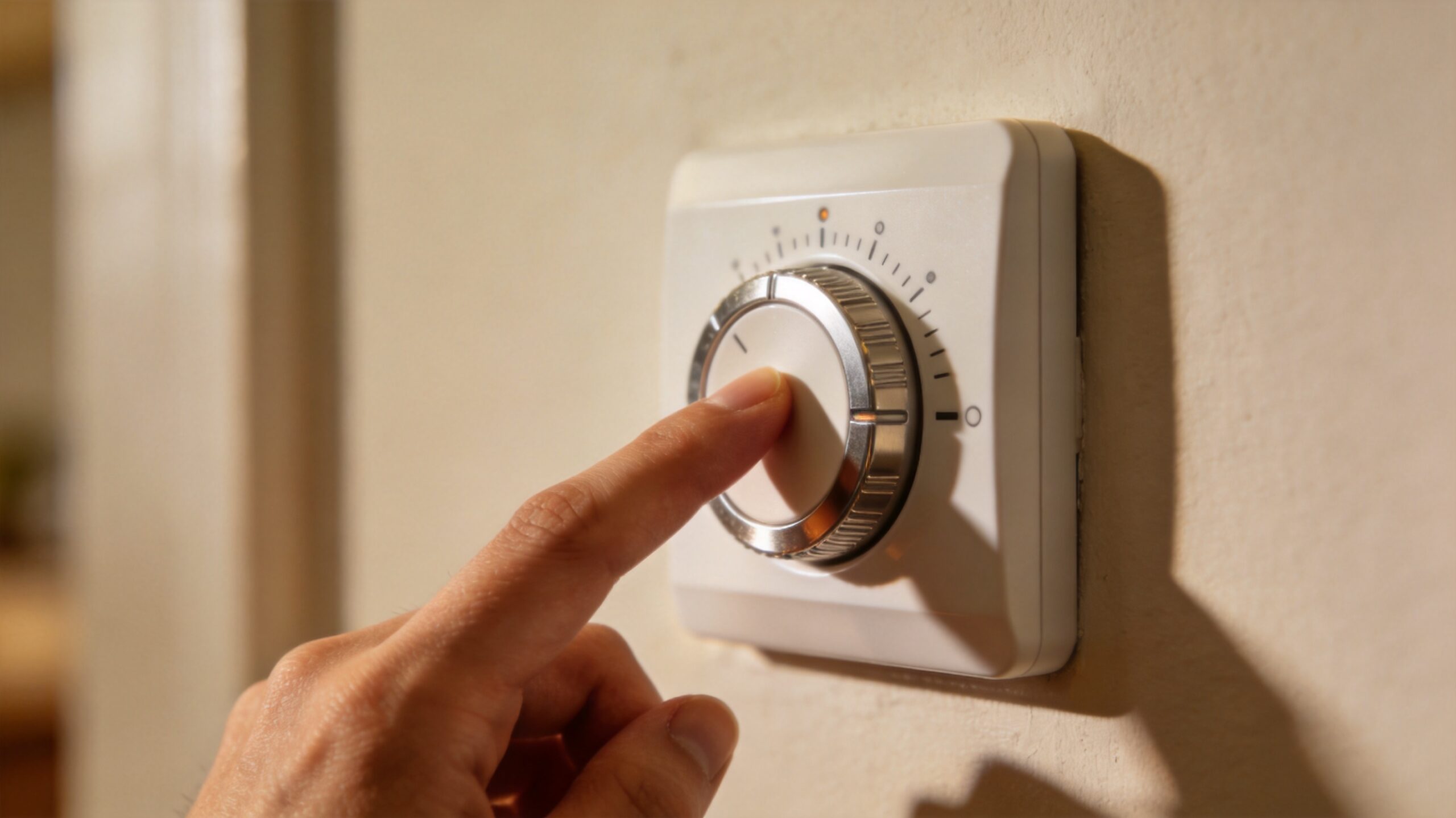 what is the 3-minute rule for air conditioners in St. Louis - Photorealistic 16:9 photo of a hand adjusting a modern wall thermostat in a residential home