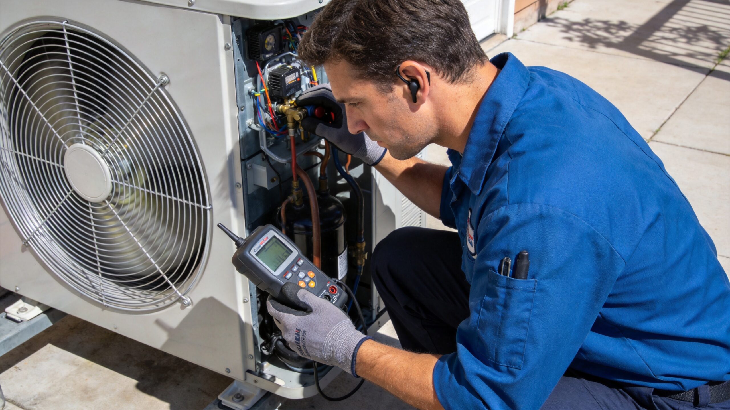Photorealistic 16:9 photo of an HVAC technician listening to and inspecting a running outdoor AC uni (what is the 3-minute rule for air conditioners in St. Louis)