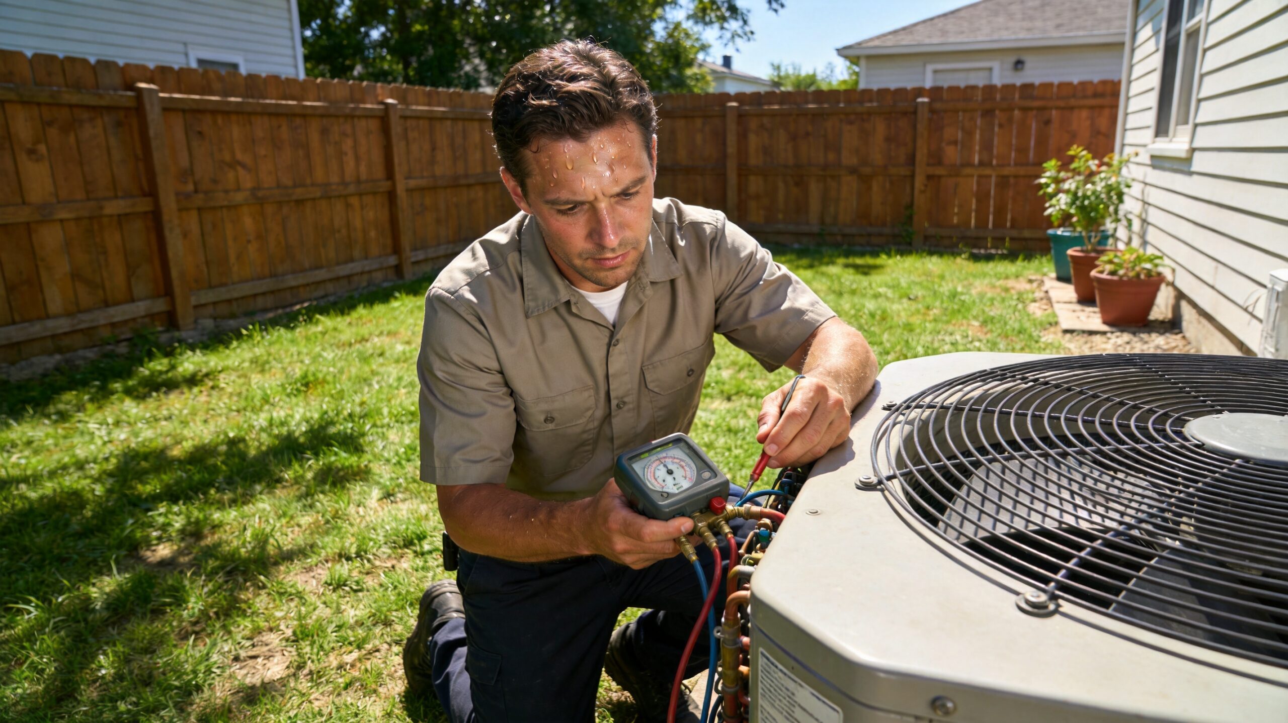 Photorealistic 16:9 photo of an HVAC technician in branded uniform diagnosing an outdoor air conditi (what is the 3-minute rule for air conditioners in St. Louis)