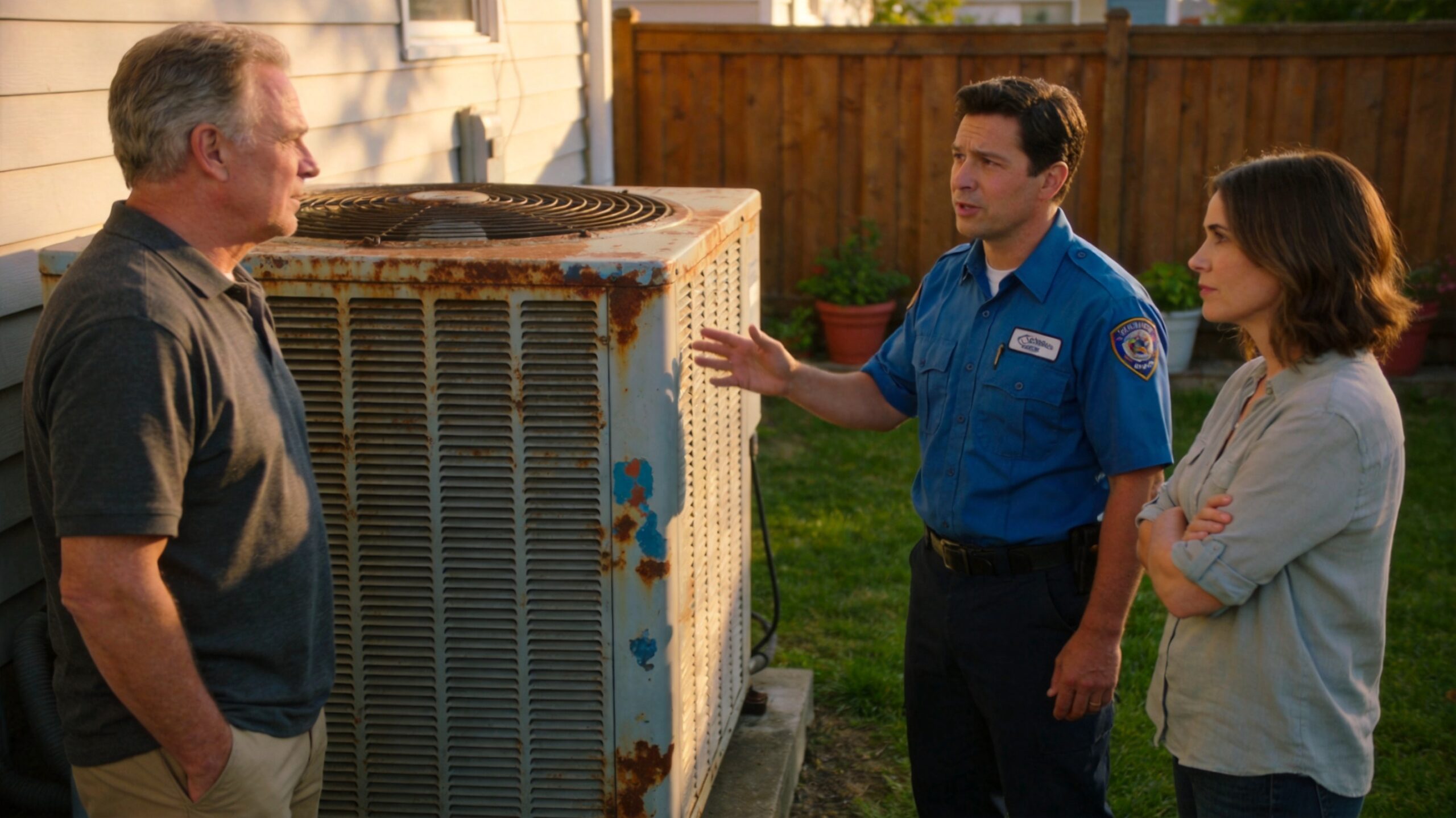 what is the $5,000 rule for AC in St. Louis - Photorealistic 16:9 photo of a homeowner and an HVAC technician standing beside an aging outdoor air