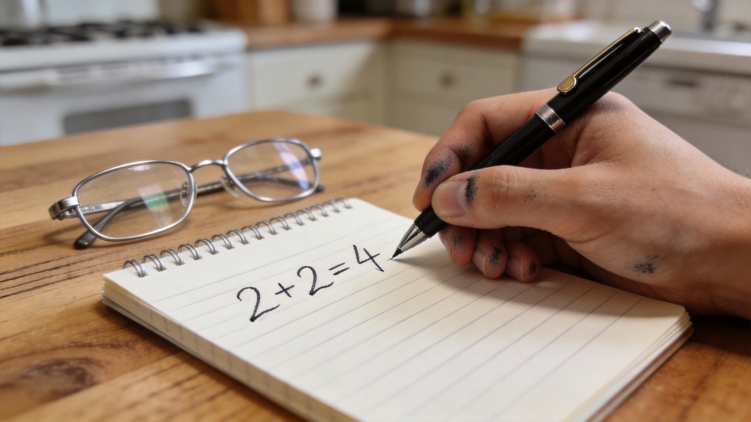 Photorealistic 16:9 close-up of a hand writing a simple calculation on a notepad on a kitchen table (what is the $5,000 rule for AC in St. Louis)