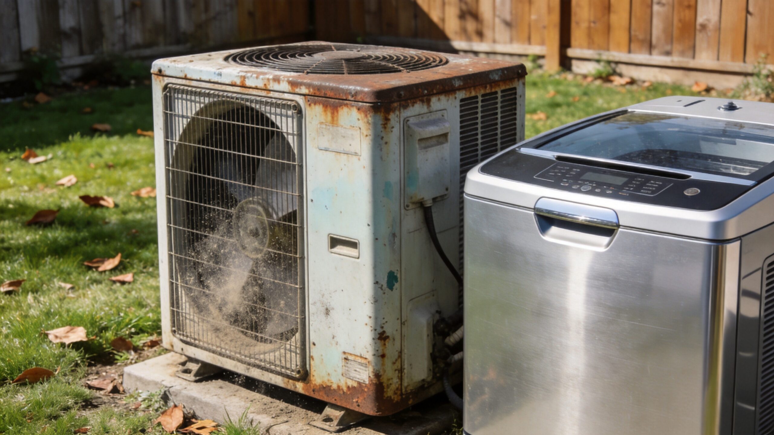 Photorealistic 16:9 photo comparing an old worn air conditioner unit beside a newer modern one in a (what is the $5,000 rule for AC in St. Louis)