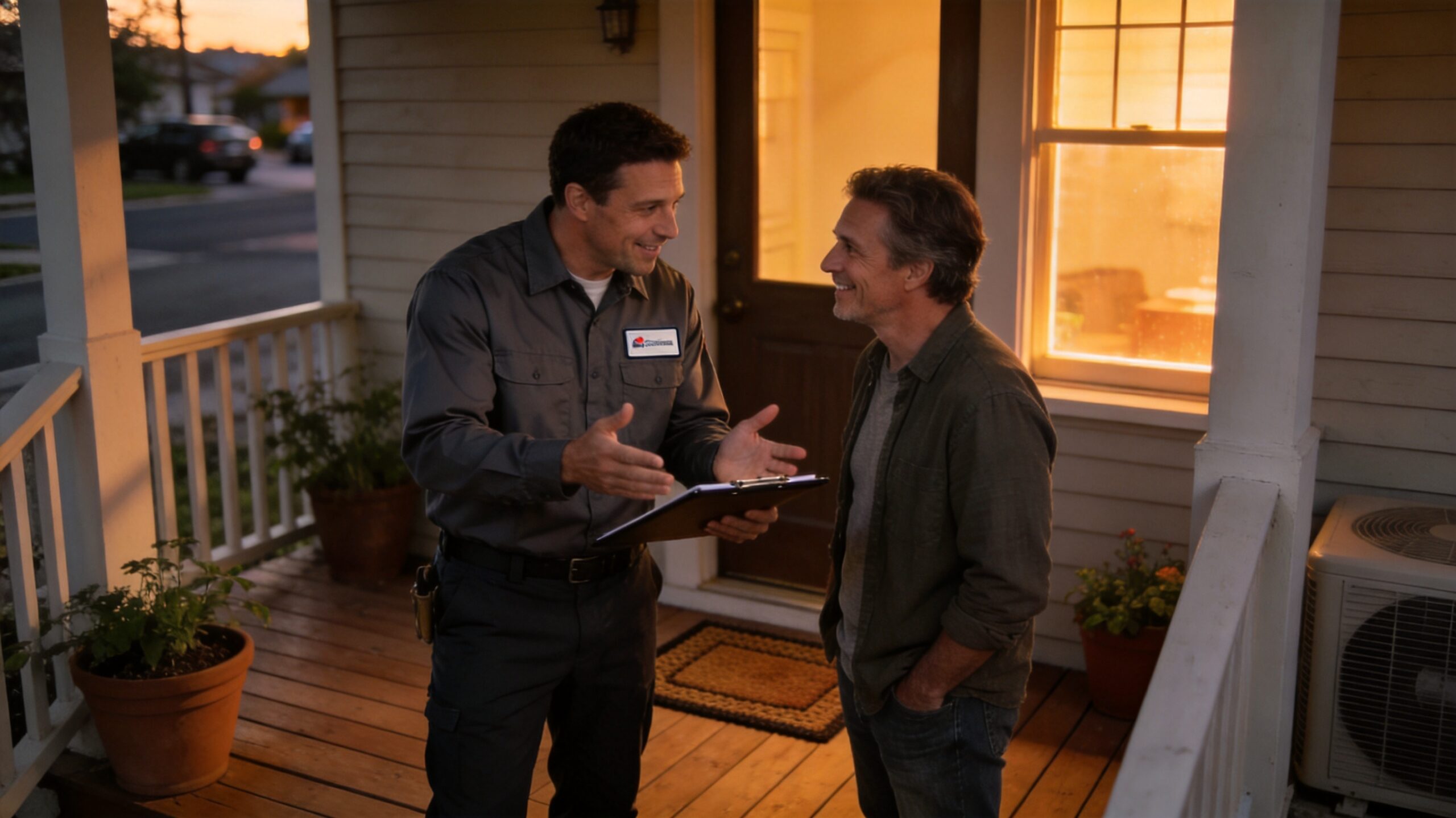 Photorealistic 16:9 photo of an HVAC technician in branded uniform reviewing options with a homeowne (what is the $5,000 rule for AC in St. Louis)