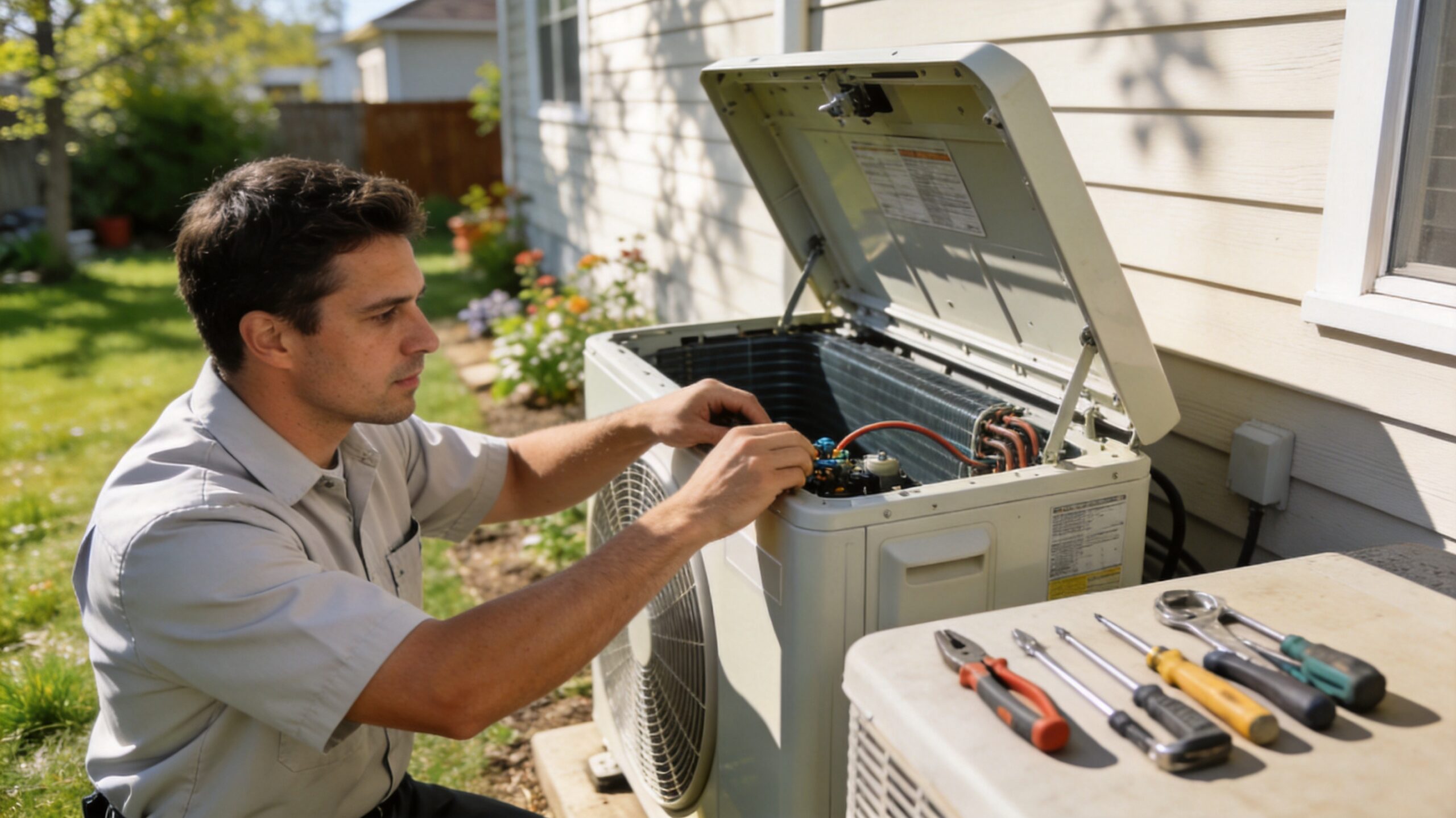what is included in an AC tune-up in St. Louis - Photorealistic 16:9 photo of an HVAC technician in a clean branded uniform performing a maintenance