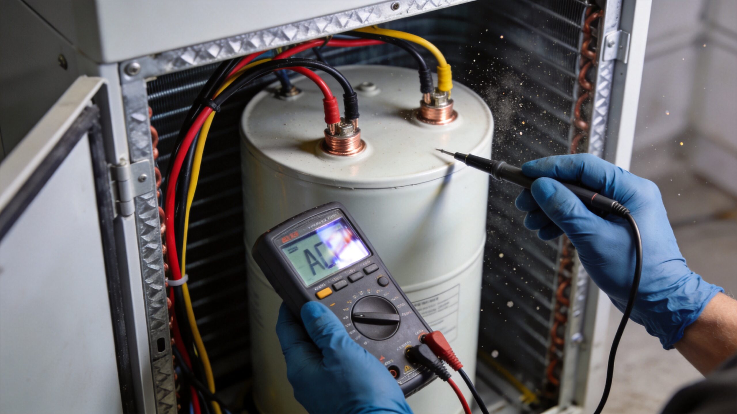 Photorealistic 16:9 close-up of a technician's hands holding a digital multimeter against a cylindri (what is included in an AC tune-up in St. Louis)