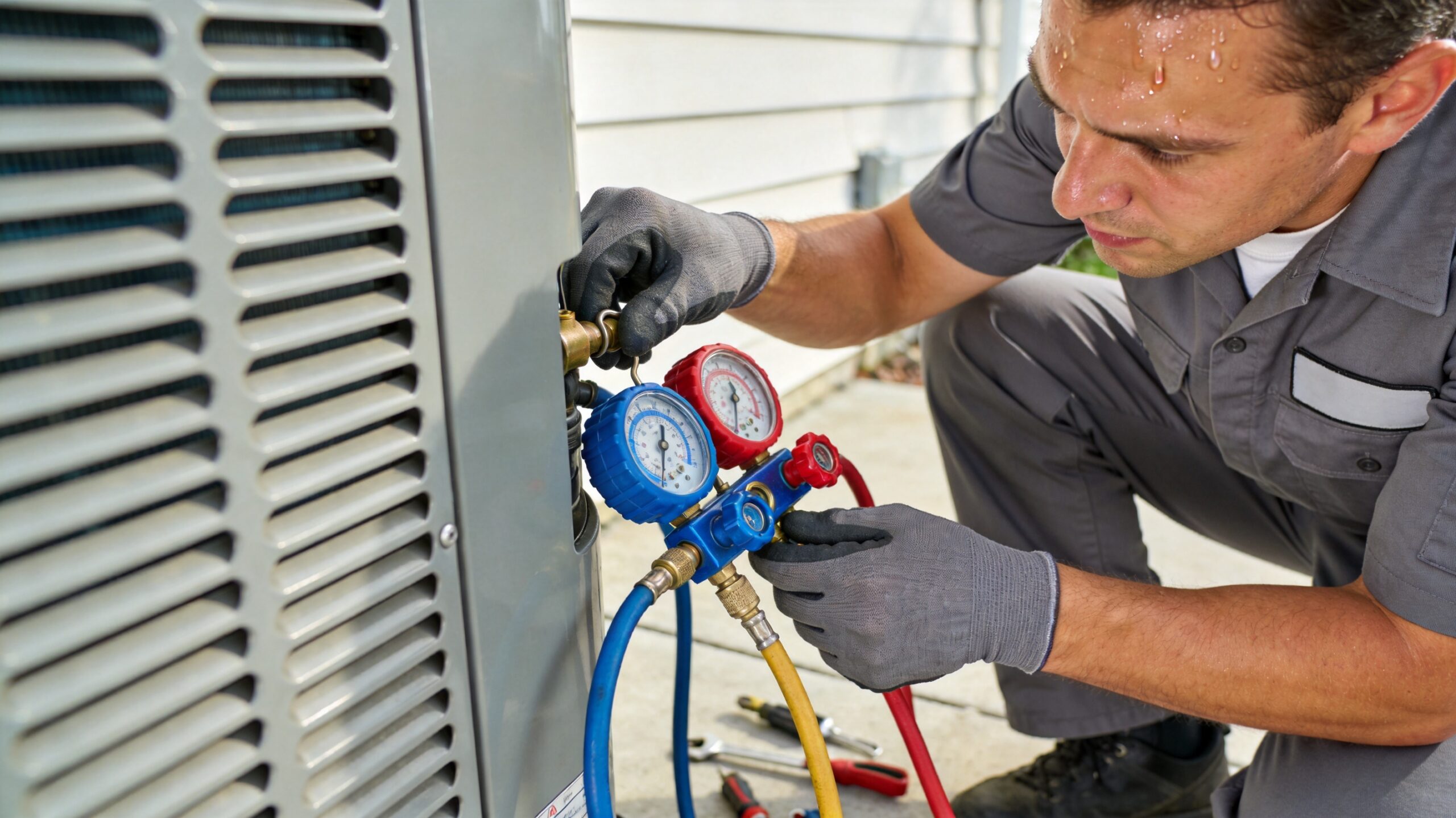 Photorealistic 16:9 photo of an HVAC technician attaching refrigerant gauges to an air conditioner s (what is included in an AC tune-up in St. Louis)