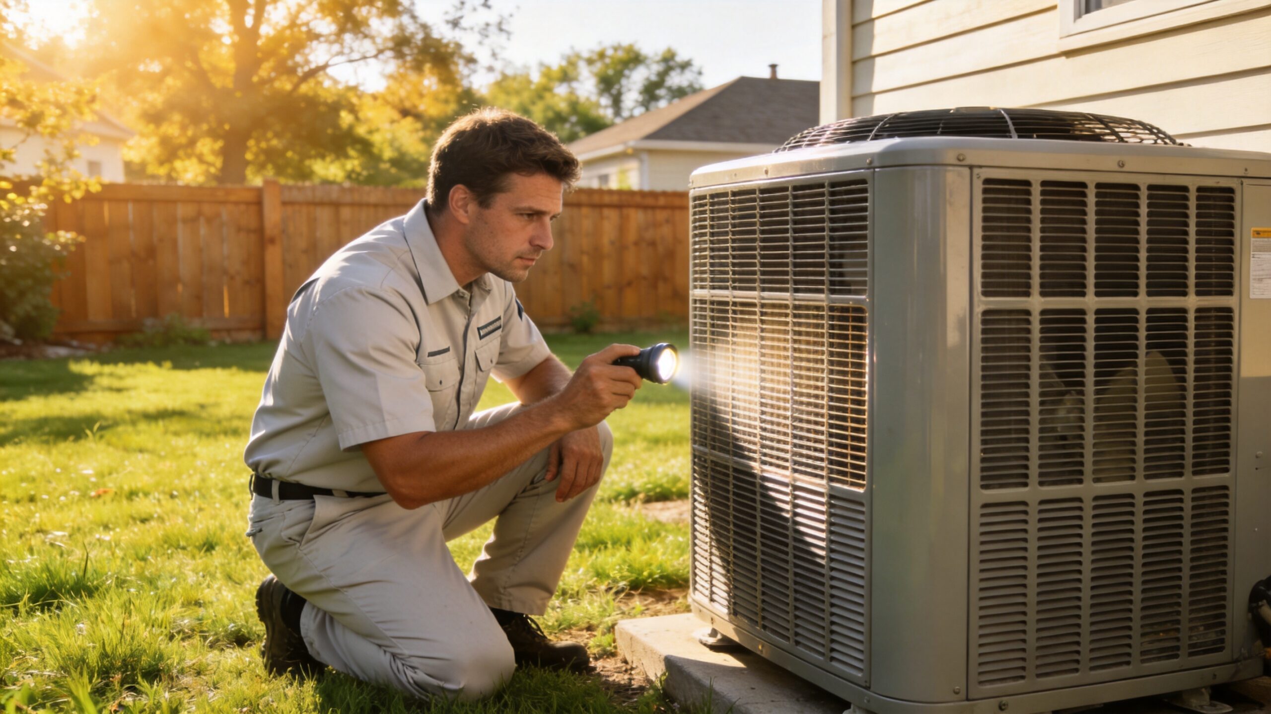 what maintenance does an AC unit need in St. Louis - Photorealistic 16:9 photo of an HVAC technician in a clean branded uniform kneeling beside a residen