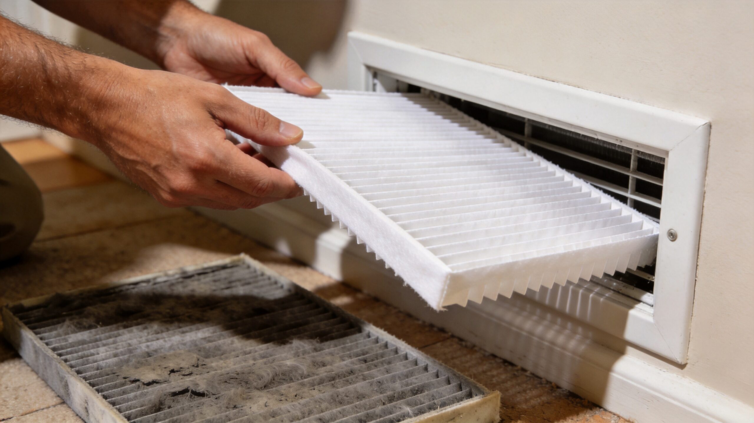 Photorealistic 16:9 close-up of a homeowner's hands sliding a fresh white pleated air filter into a (what maintenance does an AC unit need in St. Louis)