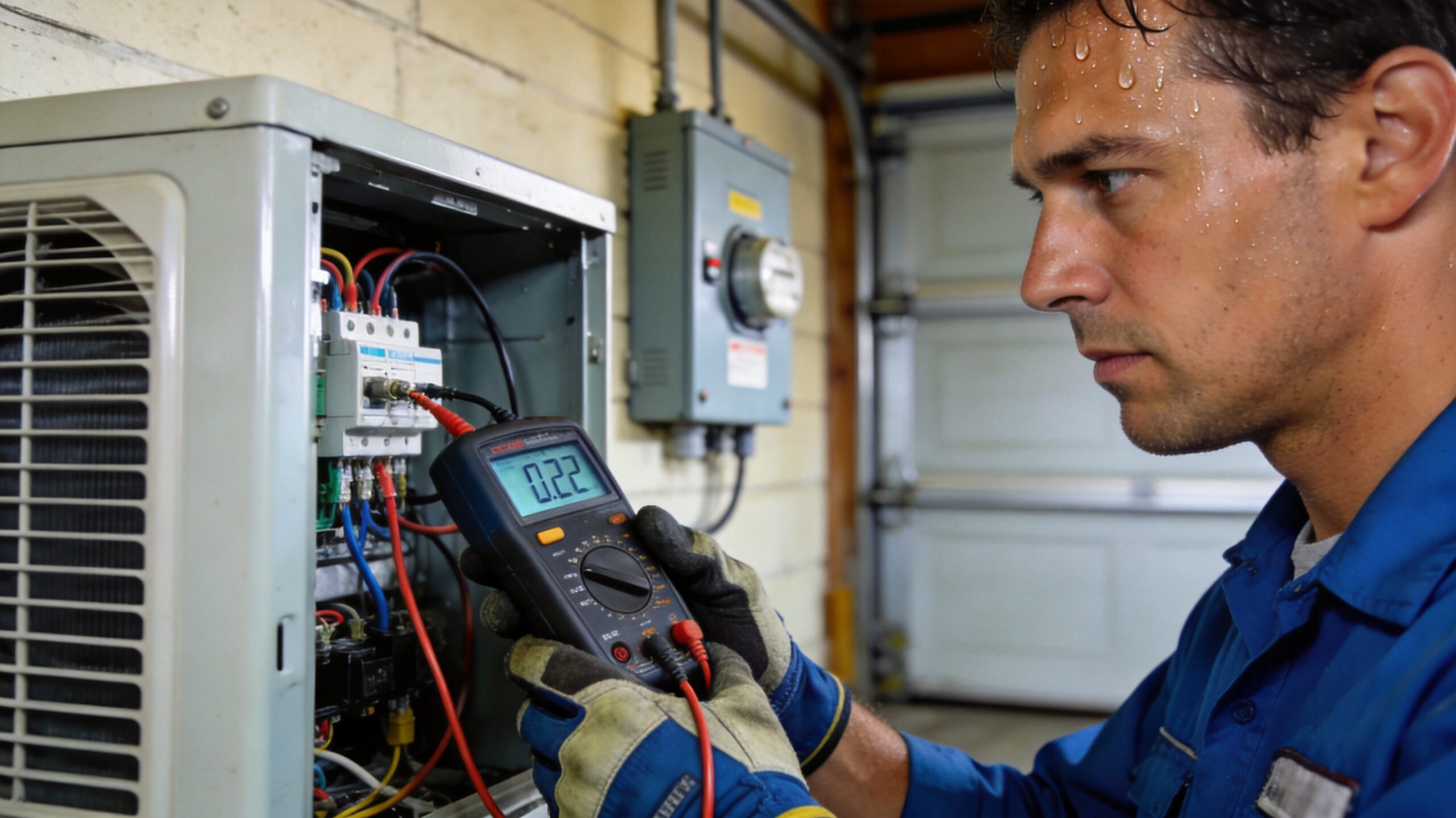 Photorealistic 16:9 photo of an HVAC technician using a digital multimeter to test electrical connec (what maintenance does an AC unit need in St. Louis)