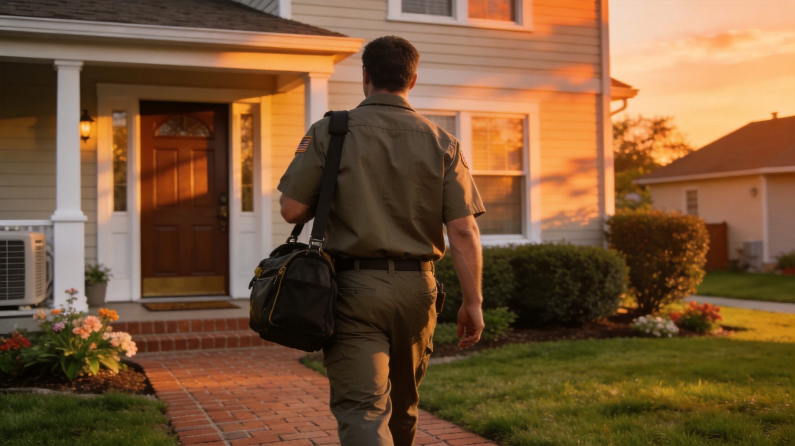 Photorealistic 16:9 photo of an HVAC technician in branded uniform walking up to a suburban Midweste (what maintenance does an AC unit need in St. Louis)