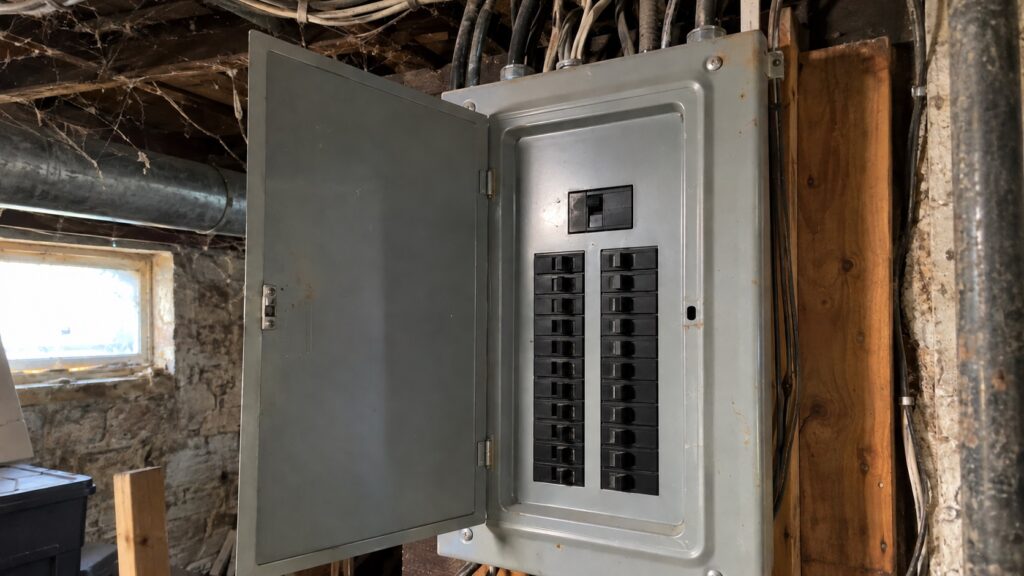 Older 100-amp electrical panel in a stone basement, the kind of panel that often can't carry a whole-house electric tankless water heater