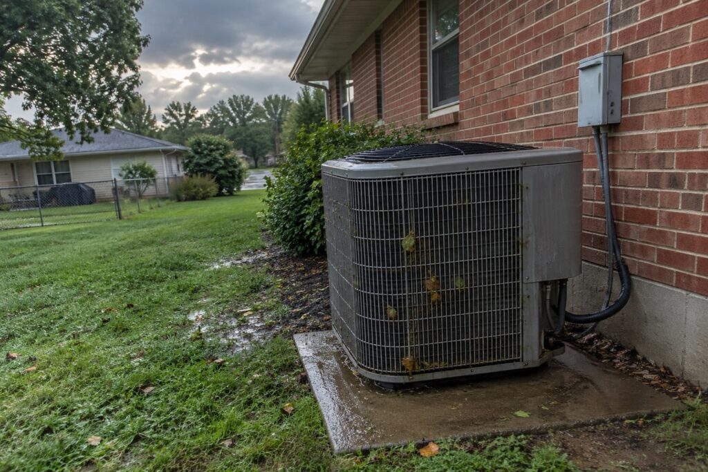 Outdoor AC unit beside a brick house in St. Louis right after a summer storm, with wet leaves on the grille