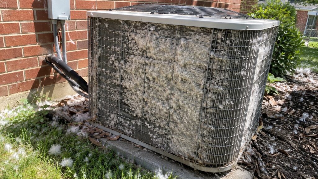 Outdoor AC unit beside a brick house in St. Louis in early June, its fins matted with cottonwood fluff