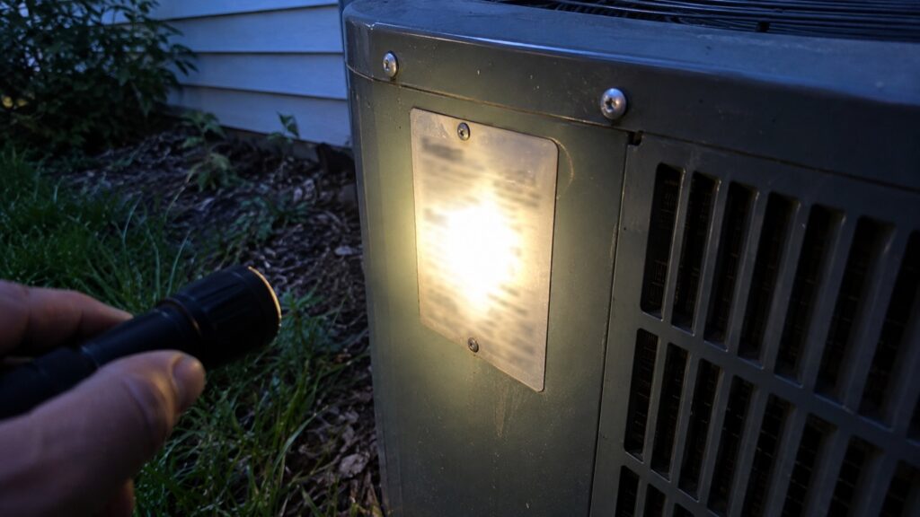 Flashlight on the model and serial plate on the side of an outdoor AC unit before an emergency visit