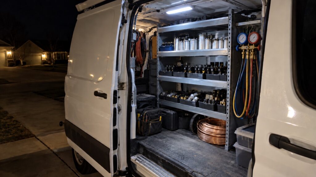 Capacitors, contactors and copper line on the shelves of a service van at night