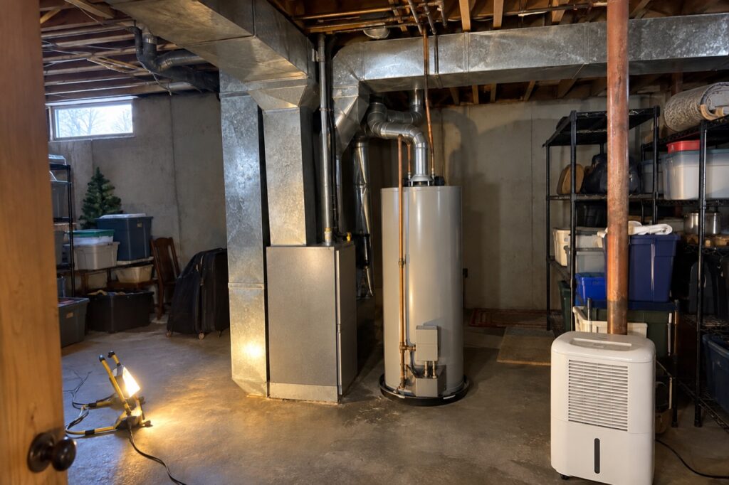 A gas furnace and its ductwork in the unfinished basement of a home near Oakville Middle School in winter
