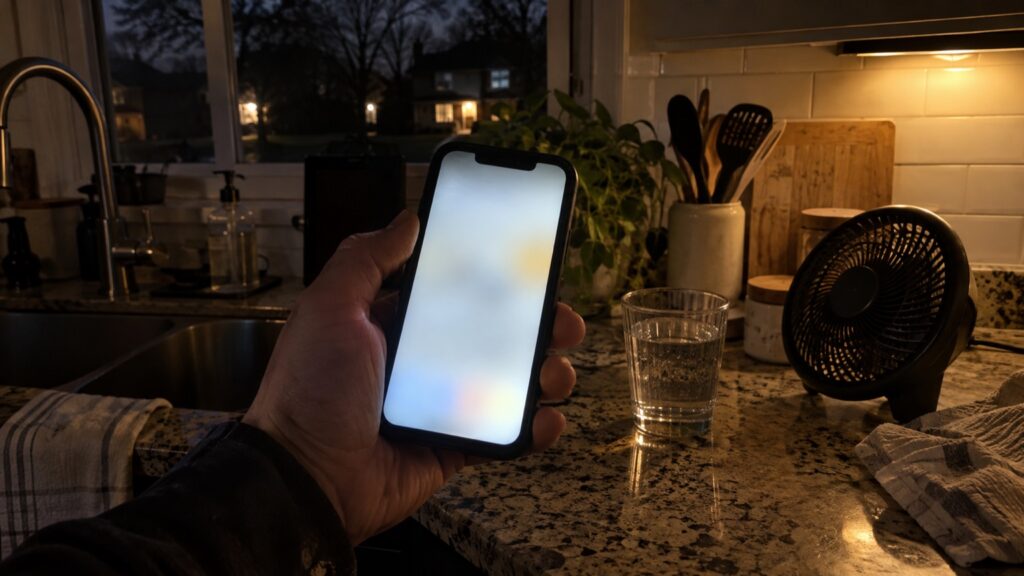 Homeowner holding a phone at the kitchen counter late at night, about to call for emergency AC service