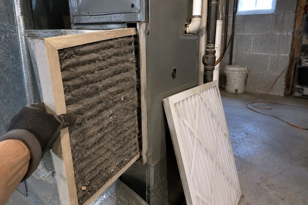 A dirty, dust-clogged air filter pulled from a gas furnace during furnace repair near Queen of All Saints in Oakville