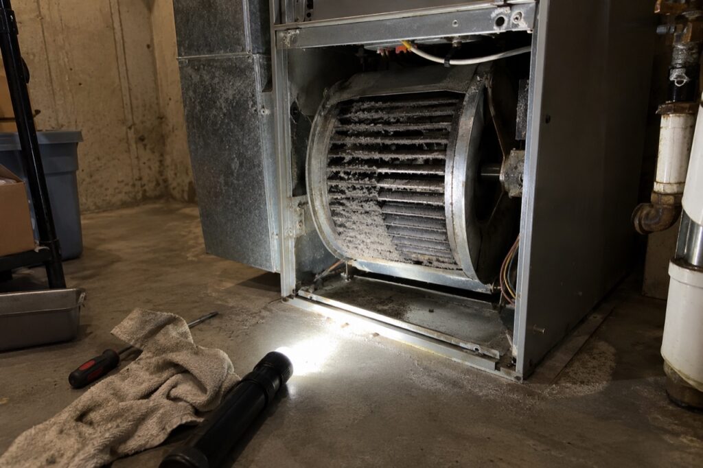 A furnace blower wheel caked with dust behind the lower door of a gas furnace in an Oakville basement