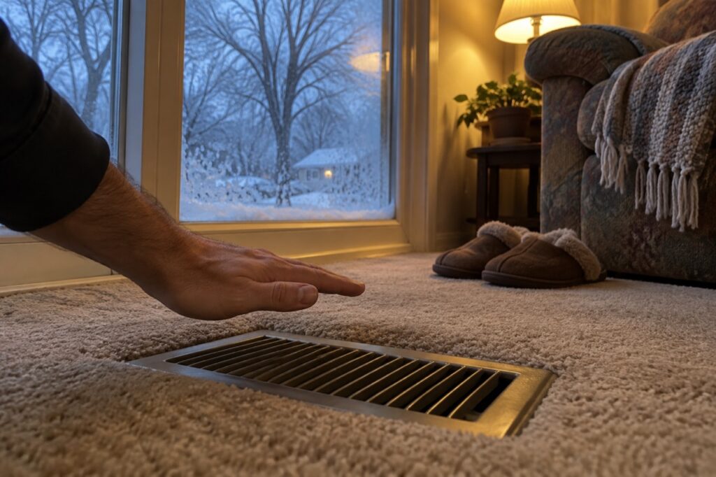 Furnace repair near Oakville Middle School: a hand held over a floor vent blowing cold air in an Oakville living room in winter