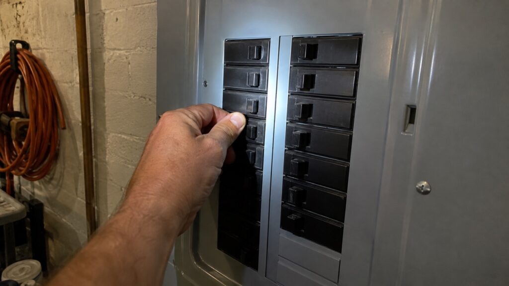 Checking the furnace breaker in a basement electrical panel during furnace repair near Pomme Creek Park