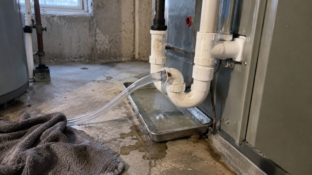 The condensate trap and drain line on a high-efficiency furnace during furnace repair near Rockport Heights Elementary