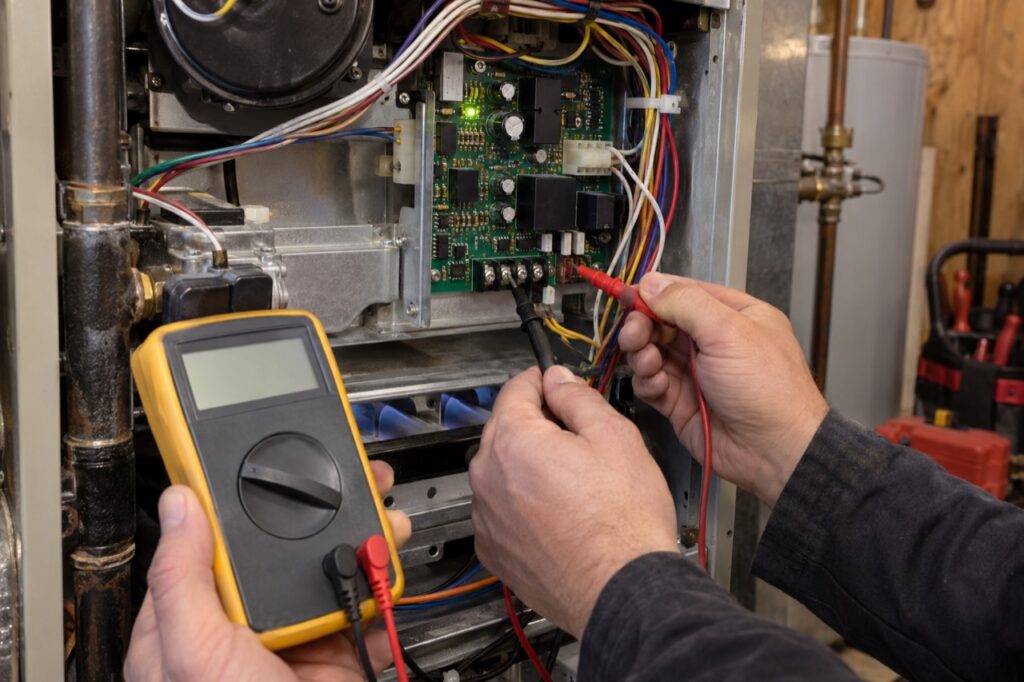 Testing a furnace control board with a multimeter during furnace repair near Oakville Middle School