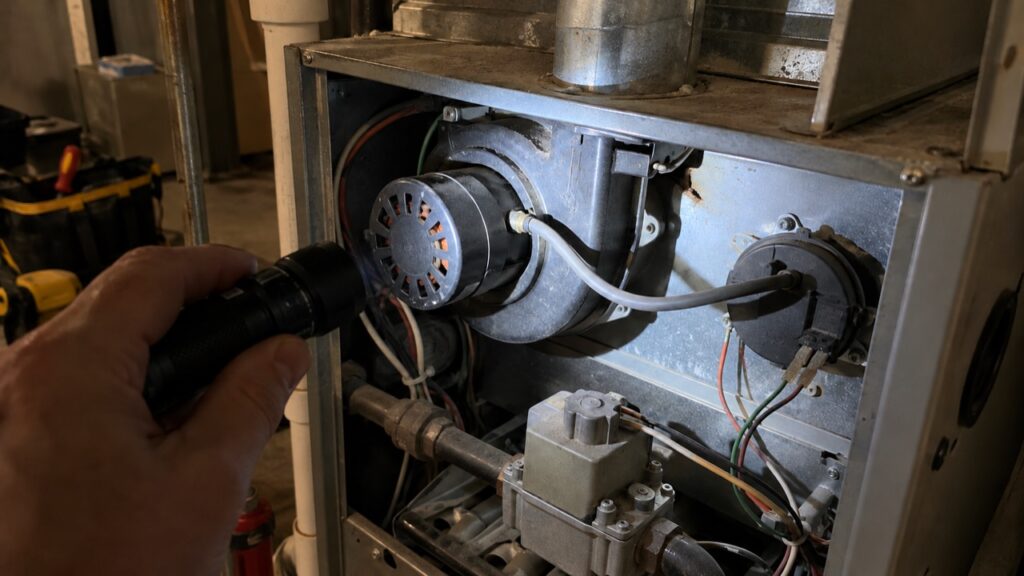 A draft inducer motor and pressure switch hose on a gas furnace in an Arnold basement
