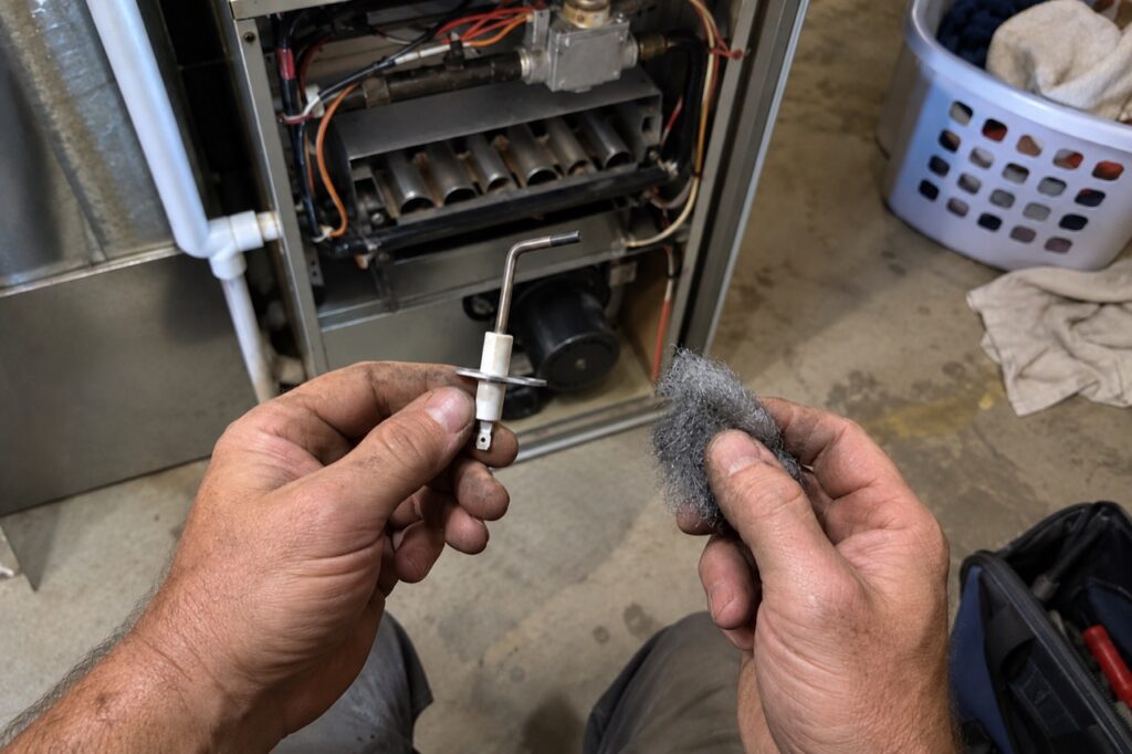 A furnace flame sensor removed for cleaning during a furnace repair near Queen of All Saints