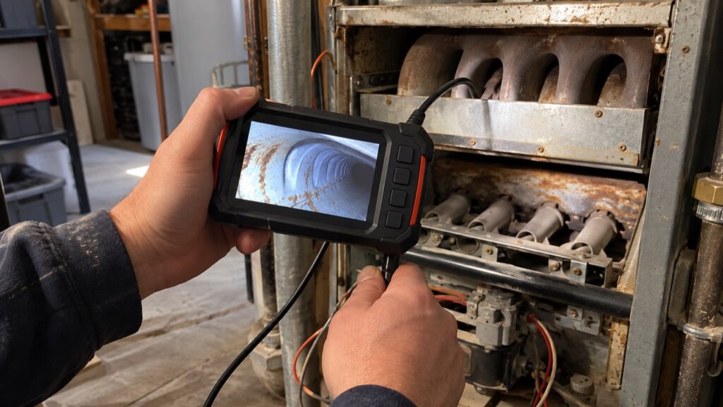 Inspecting the heat exchanger of an older gas furnace with a camera during a furnace repair in Arnold