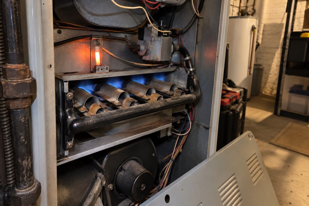 Furnace repair near Queen of All Saints: a hot surface igniter glowing orange inside a gas furnace in an Oakville basement