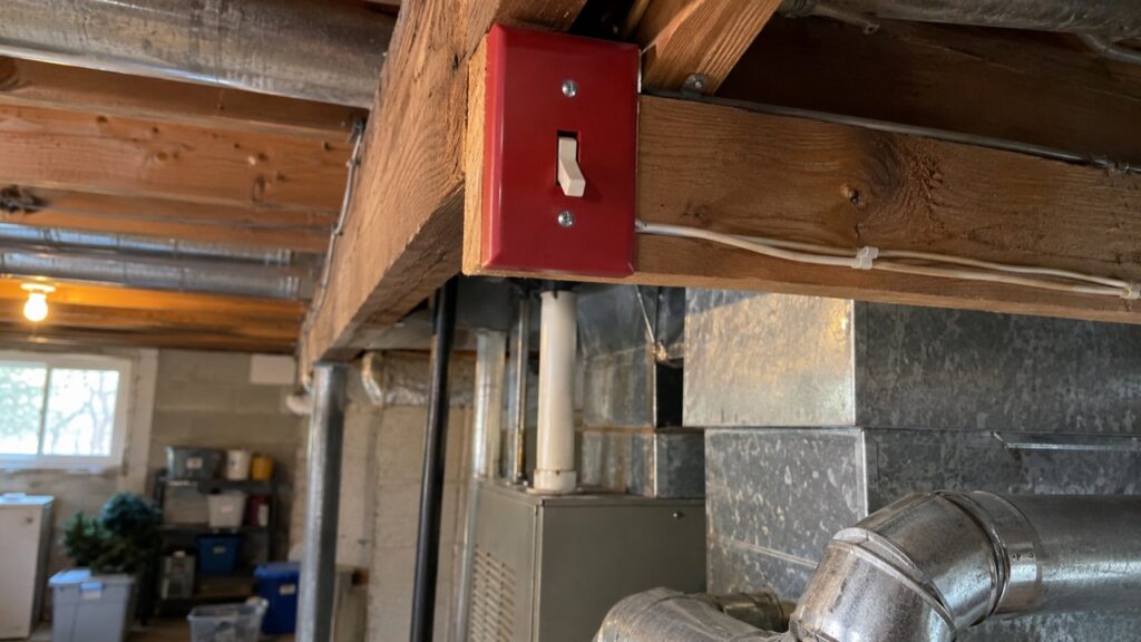 A furnace service switch mounted next to a gas furnace in an Arnold home near Pomme Creek Park