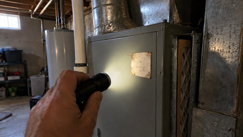 Flashlight on a faded service tag stuck to a furnace cabinet in a St. Louis area basement